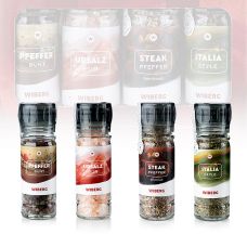 Wiberg Geschenkbox Gewürzmühlen (Pfeffer(Bunt/ Steak)/UrSalz/Italia Style), 4 tlg.
