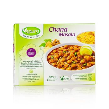 Chana Masala - Kichererbsen in Tomaten Zwiebel Sauce mit Basmatireis, TK, 400 g