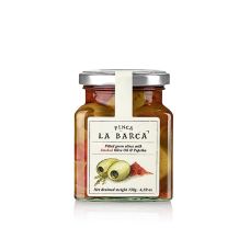 Grüne Oliven, ohne Kern, mit geräucherter Paprika, Finca La Barca, 130 g