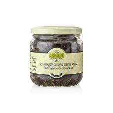 Schwarze Oliven, ohne Kern, mit Thymian, in Sonnenblumenöl, Arnaud, 220 g