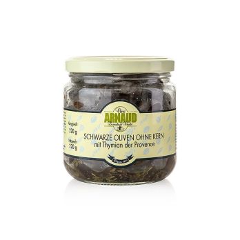 Schwarze Oliven, ohne Kern, mit Thymian, in Sonnenblumenöl, Arnaud, 220 g