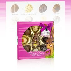 Frohe Ostern Pralinen + Relieffigur, mit Alkohol, Peters, 110 g