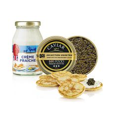 Bos Kaviar Knüller Set (125g Ossetra Kaviar, 16 Blinis, 170g Creme Fraiche), 652 g, 3 tlg.