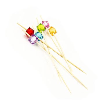 Bambus-Spieße,Square, 12cm, mit bunten, klaren, quad. Perlen, 40 St