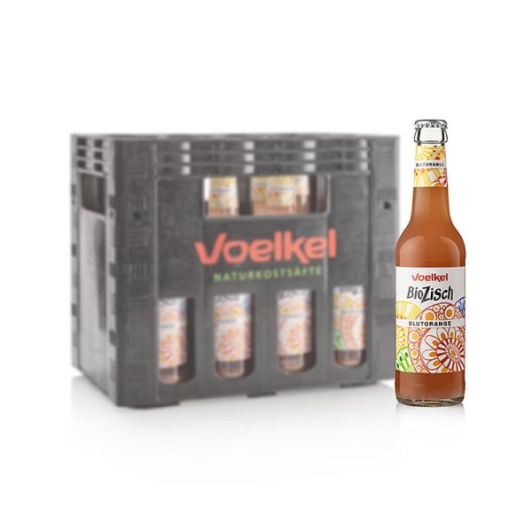 Voelkel BioZisch Blutorange, Flasche vor dem Mehrwegkasten