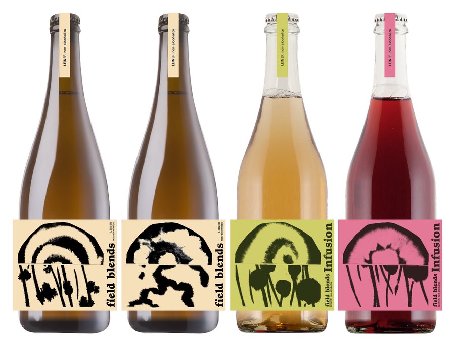 Die vier Field Blends vom Weingut Leiner mit neuem Etikett: zwei Fermente und die Infusionen Wiesenkräuter und Mediterran